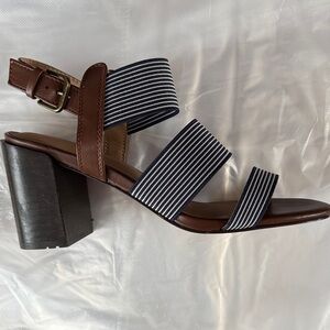 Market & Spruce Navy Blue and White Striped block Heel Strappy Sandals